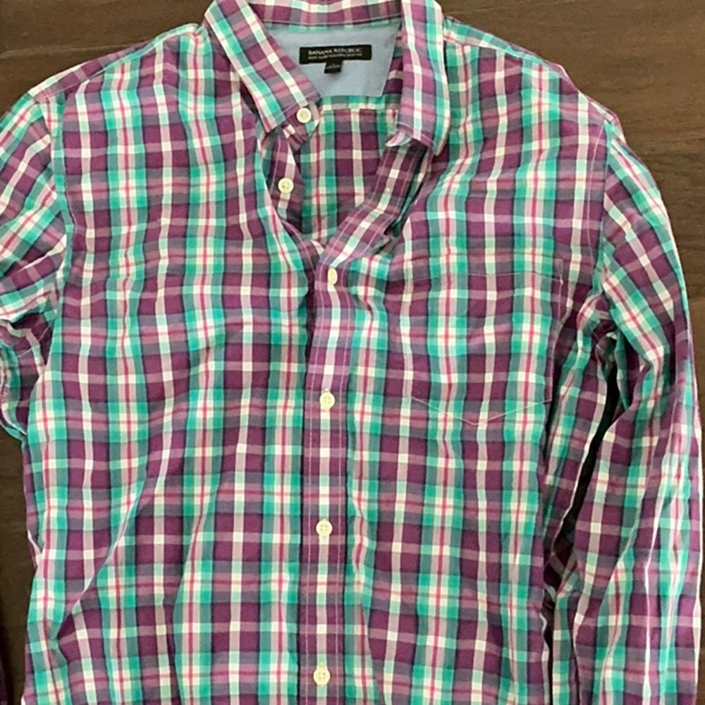 Banana Republic Purple and Green Casual Button Down Shirt
